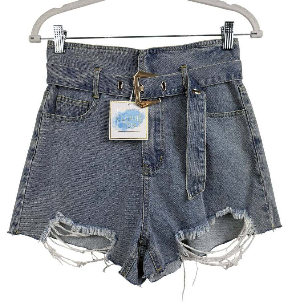 Cloud Ten NWT High Waisted Belted Denim Paperbag Shorts Small 100% Cotton Casual